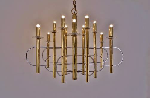 Sciolari brass chandelier with chrome & crystals, 12 lights, 1970`s ca, Italian